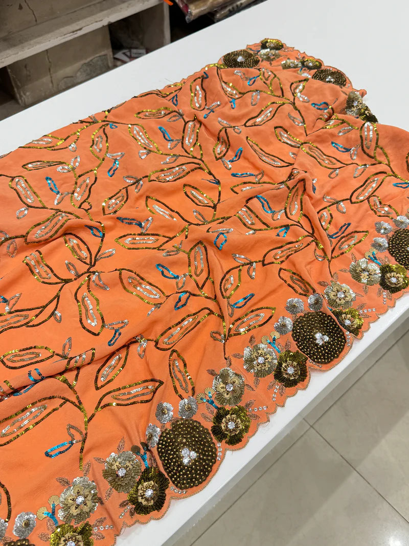 Orange Pure Crepe Hand Embroidery Saree