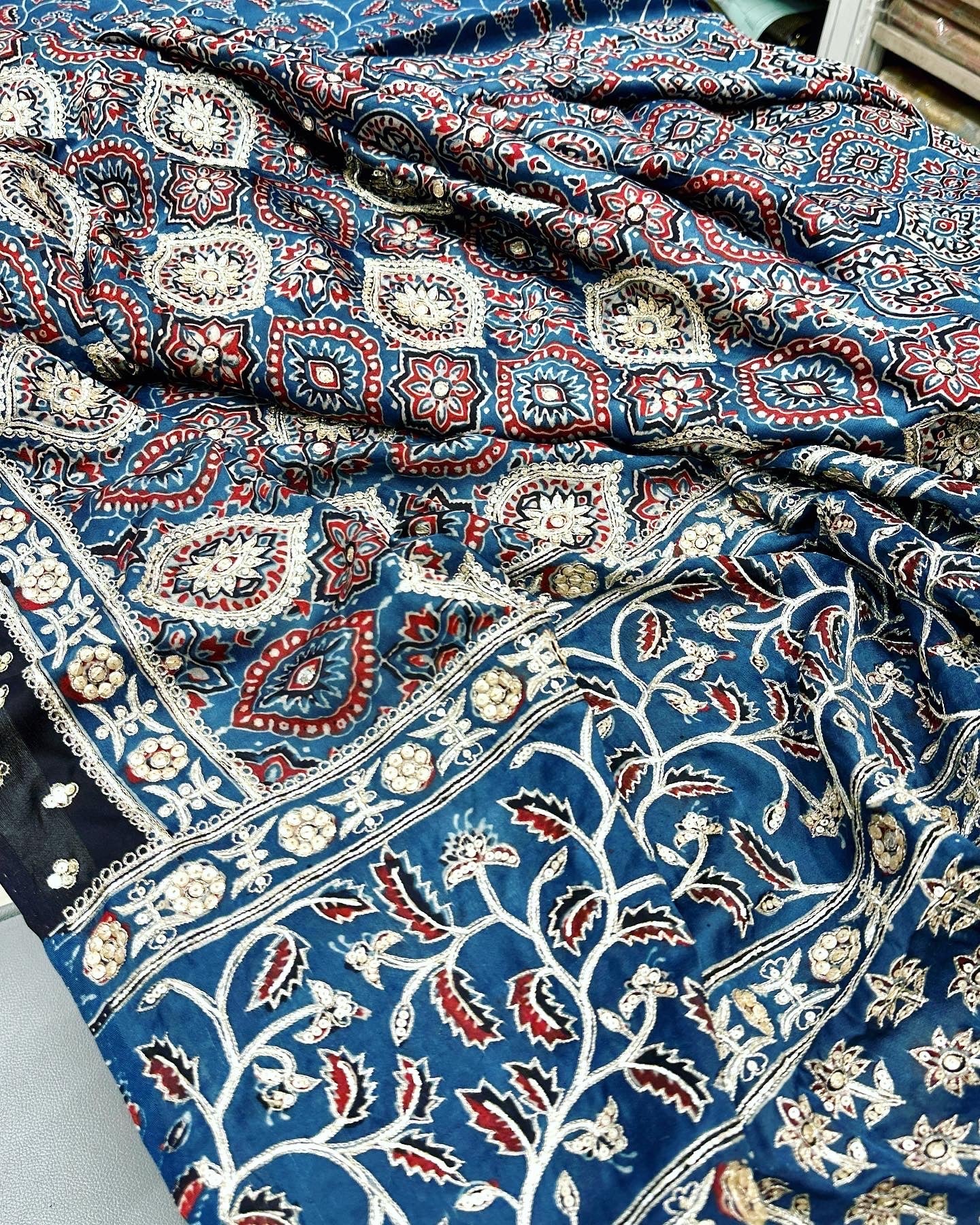 Ajrakh Hand Embroidery Saree