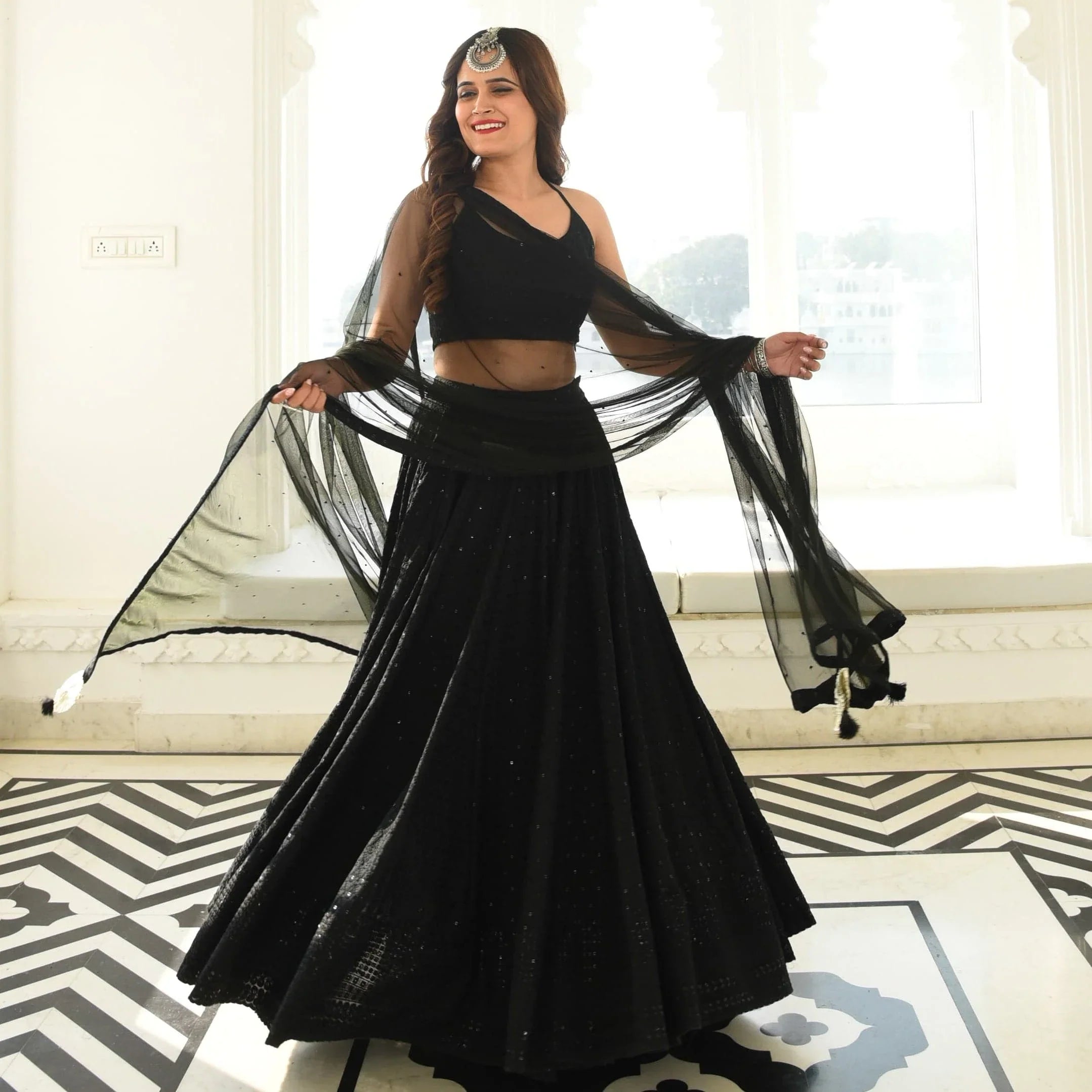 Black Color Starry Night Chikankari Lehenga Choli