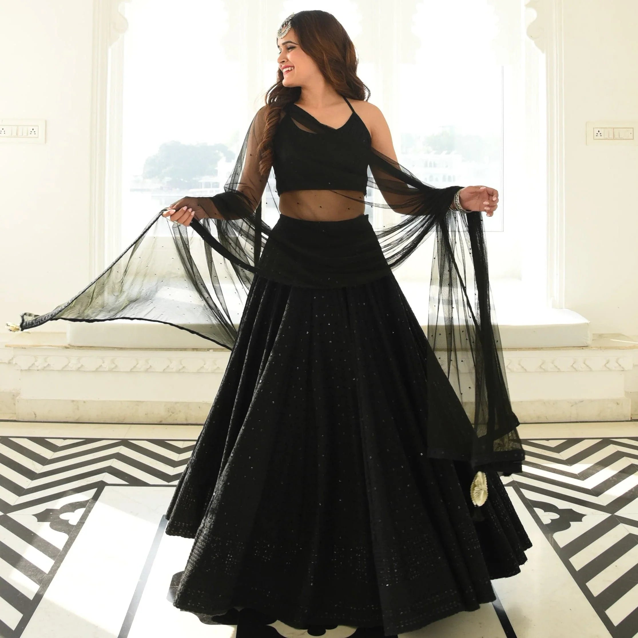 Black Color Starry Night Chikankari Lehenga Choli